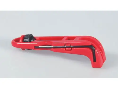 Roter Kunststoffwerkzeug zum Entfernen von Thermostatabdeckungen, hergestellt von Ideal Standard. Schlichtes Design mit einer Schlitzklinge und einem verstellbaren Rad.